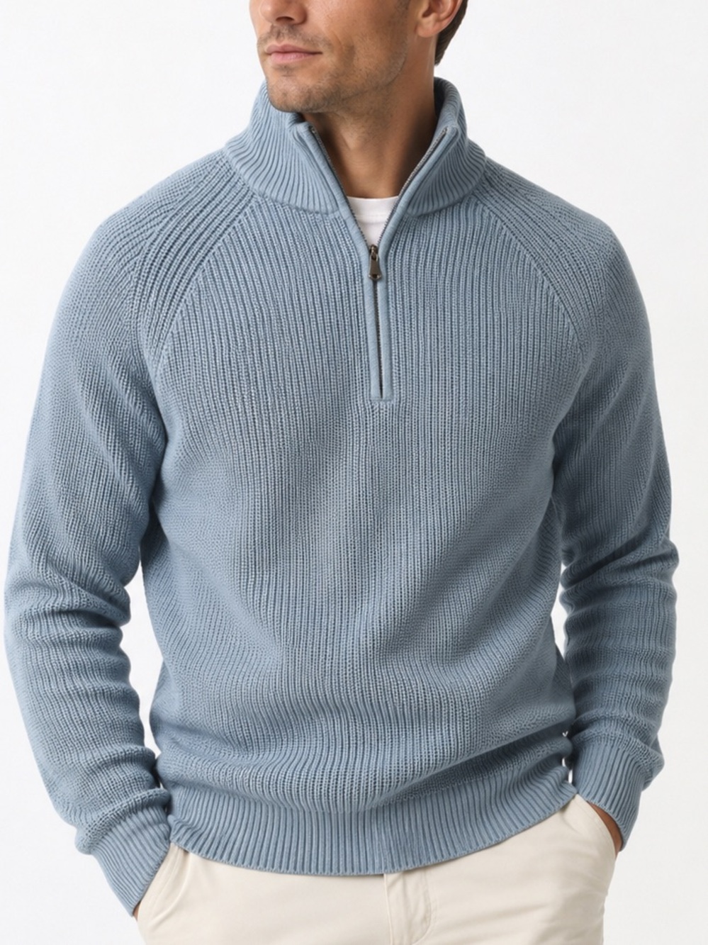 Lands End Mens Drifter Cotton Quarter Zip Shaker Knit Sweater Blue L/T 42-44
